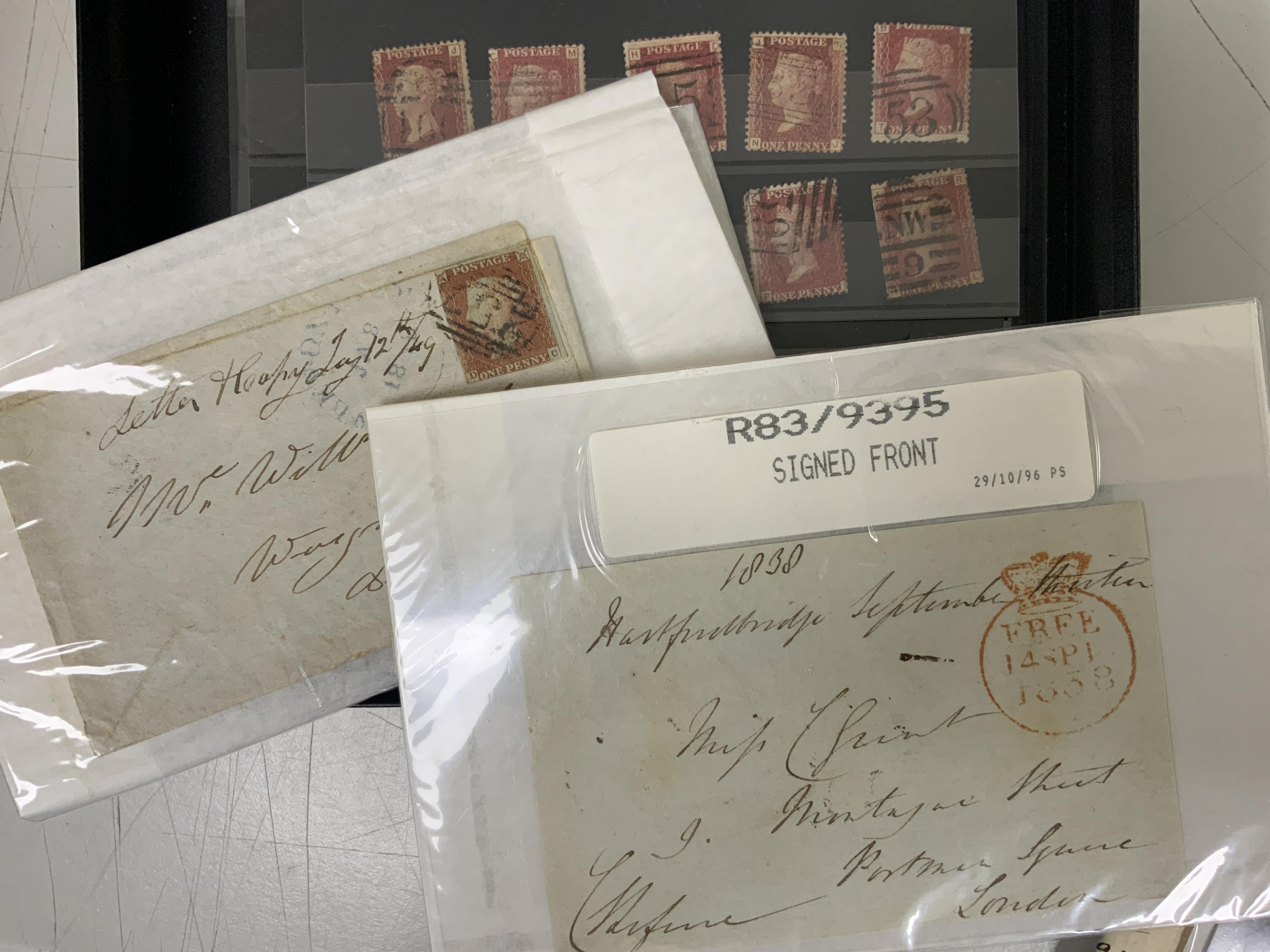 A collection of Victoria stamps including; a Penny red plate reconstruction of plate 106 made up of perforated Penny Reds and issued by the Westminster Collection Ltd., together with Victorian covers with franked Penny R